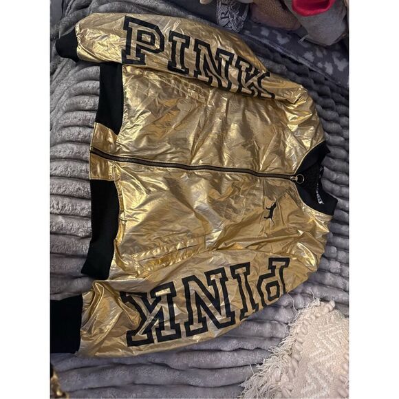 VS PINK bomber Jacket metallic gold foil black sz large - Picture 8 of 10